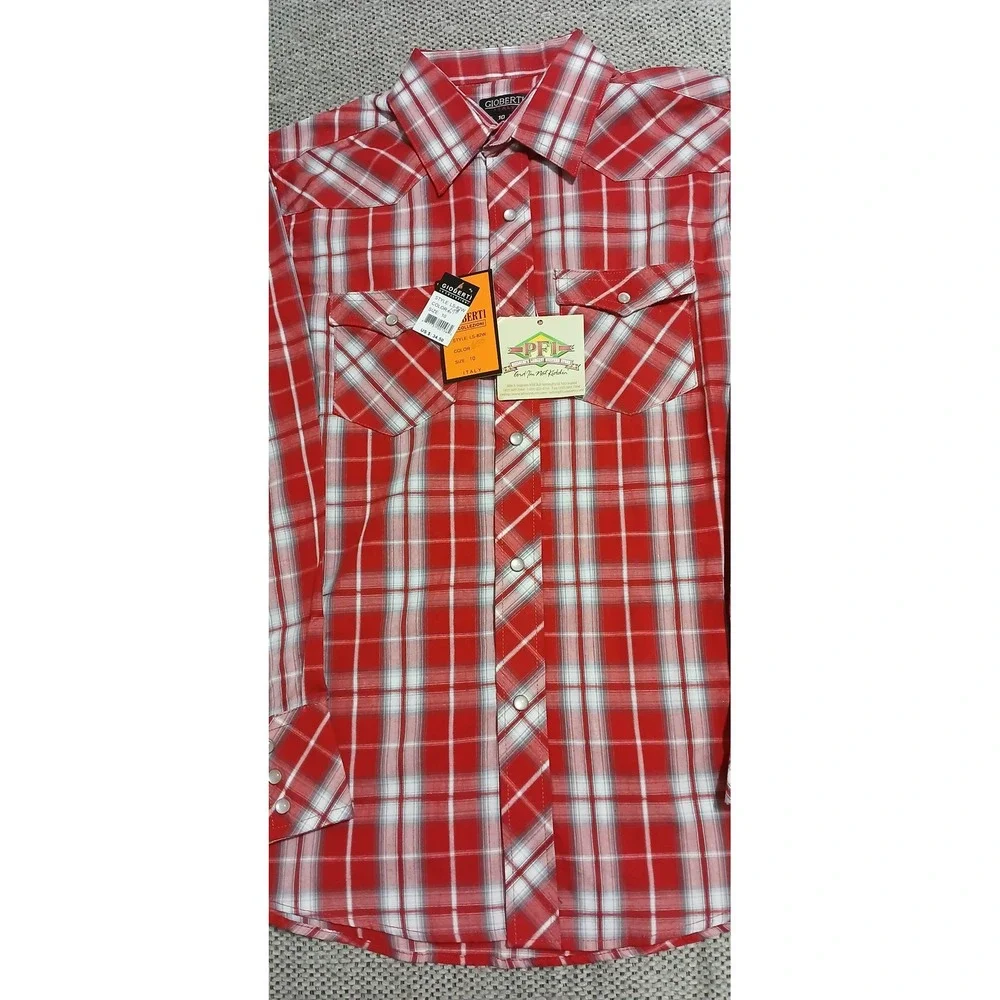 Gioberti Western Plaid Shirt Kids‎ Boys Red White Long Sleeve Snap Button Up NWT